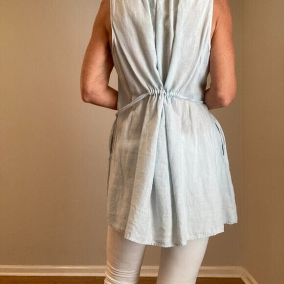 Eileen Fisher 100% Irish Linen V-Neck Belt Tunic Top Pockets Baby Blue size 1X - Picture 4 of 13